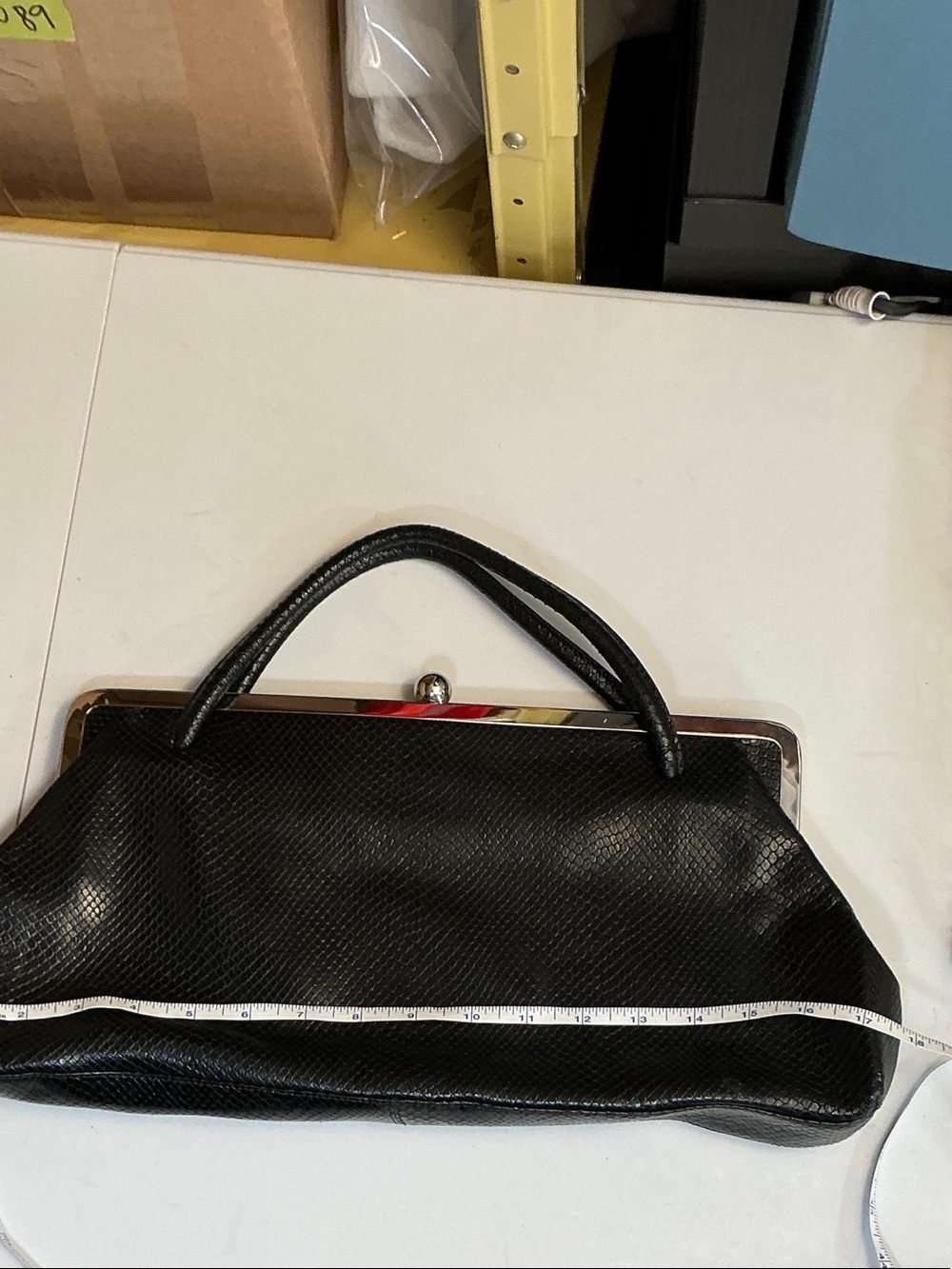 2404 -BANANA REPUBLIC Black Snakeskin Embossed Leather Framed Satchel Bag - Vint - Picture 10 of 16